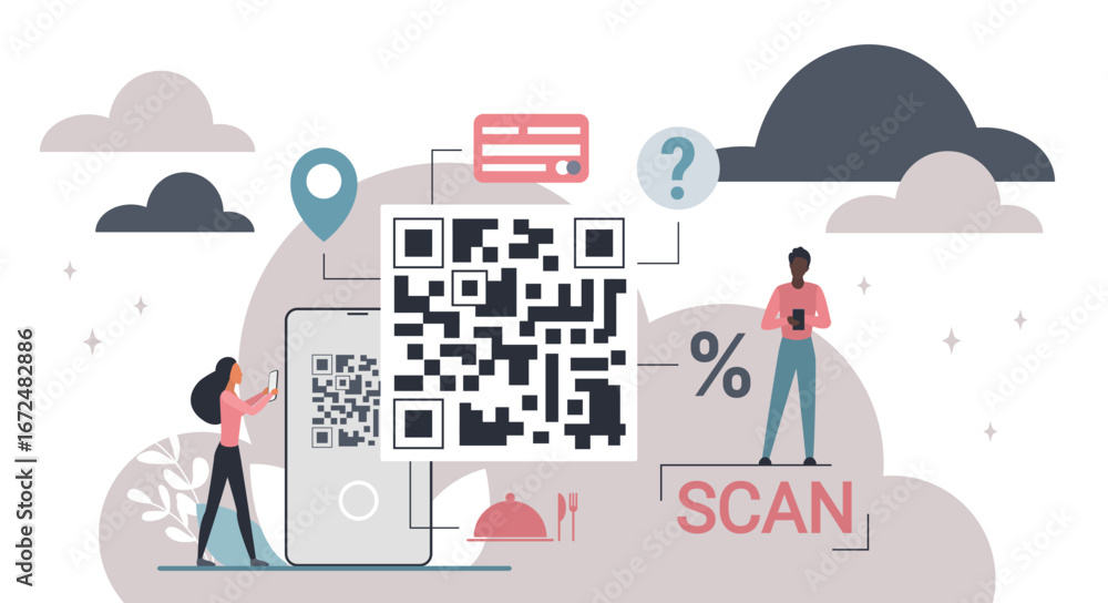 Poster modern qr code with cloud background showing digital scanning, mobile payment, and contactless acces