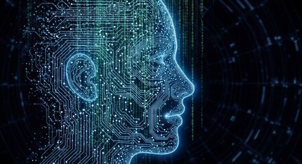 A profile view of a digital human face, outlined with intricate circuit board patterns, against a backdrop of binary code, highlighting the concept of artificial intelligence and technological...