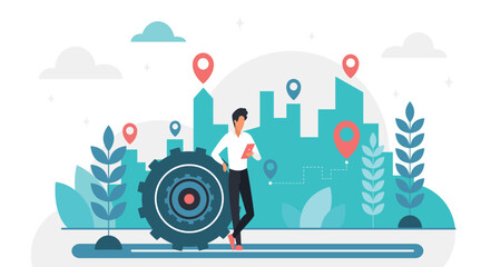 Obraz premium Young man with smartphone stands by large gear, surrounded by city buildings and location pins, representing modern navigation, GPS, and urban technology concepts vector illustration