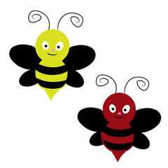 A cute and funny cartoon bee character with black and yellow stripes, flying and smiling