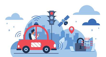 Naklejka premium Autonomous vehicle using cloud computing, GPS, and AI for navigation, security, and connectivity in smart city environment isolated on white background vector illustration