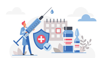 Healthcare worker holding syringe with vaccine bottle, shield, calendar and medical icons for immunization, prevention, and health awareness isolated on white background vector illustration