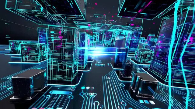 Three-dimensional computerized ry of blue extensive metropolis on dark backdrop