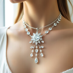 Woman wearing a sparkling diamond and pearl statement necklace jewelry diamonds