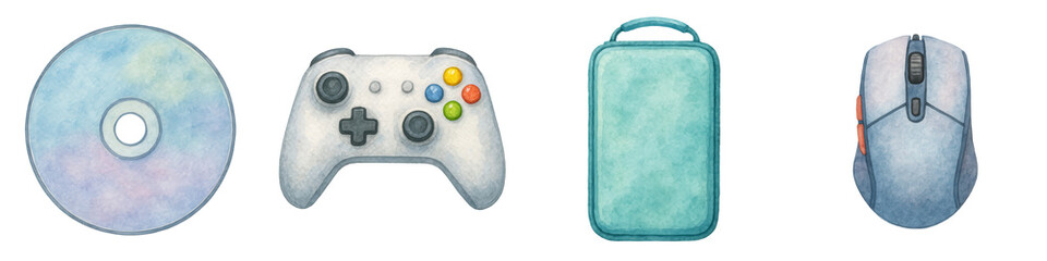 Watercolor style gaming accessories include game controller mouse external drive and disc perfect for Cyber Monday festival entertainment
