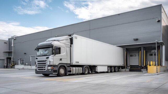 A large delivery truck is parked at a loading dock of an industrial warehouse. The truck is positioned for unloading goods. The day is bright with minimal cloud coverage