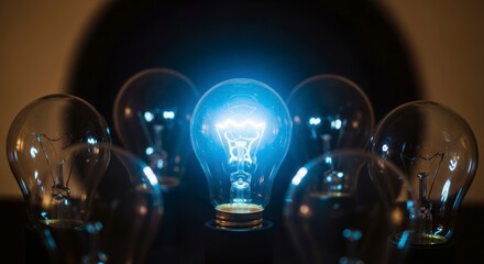 Obraz premium A single illuminated light bulb stands out amidst a cluster of dark, unlit bulbs, highlighting the concept of innovation and originality.