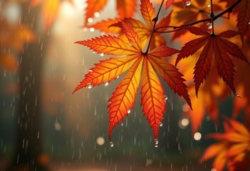 dramatic raindrops cascading vibrantly colored autumn leaves nature scene, colorful, yellow, orange, droplet, green, forest, tree, puddle, flora, fall