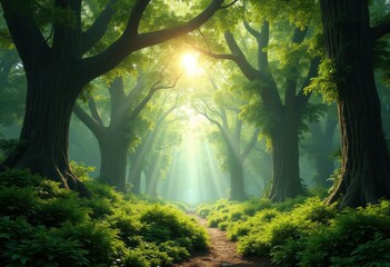 majestic forest canopy sunlight filtering through lush greenery illuminating serenity nature, tree, shade, sunset, leaf, branch, woods, flora, dappled
