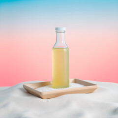 Clear glass bottle with yellow liquid on beige tray with white crystals image
