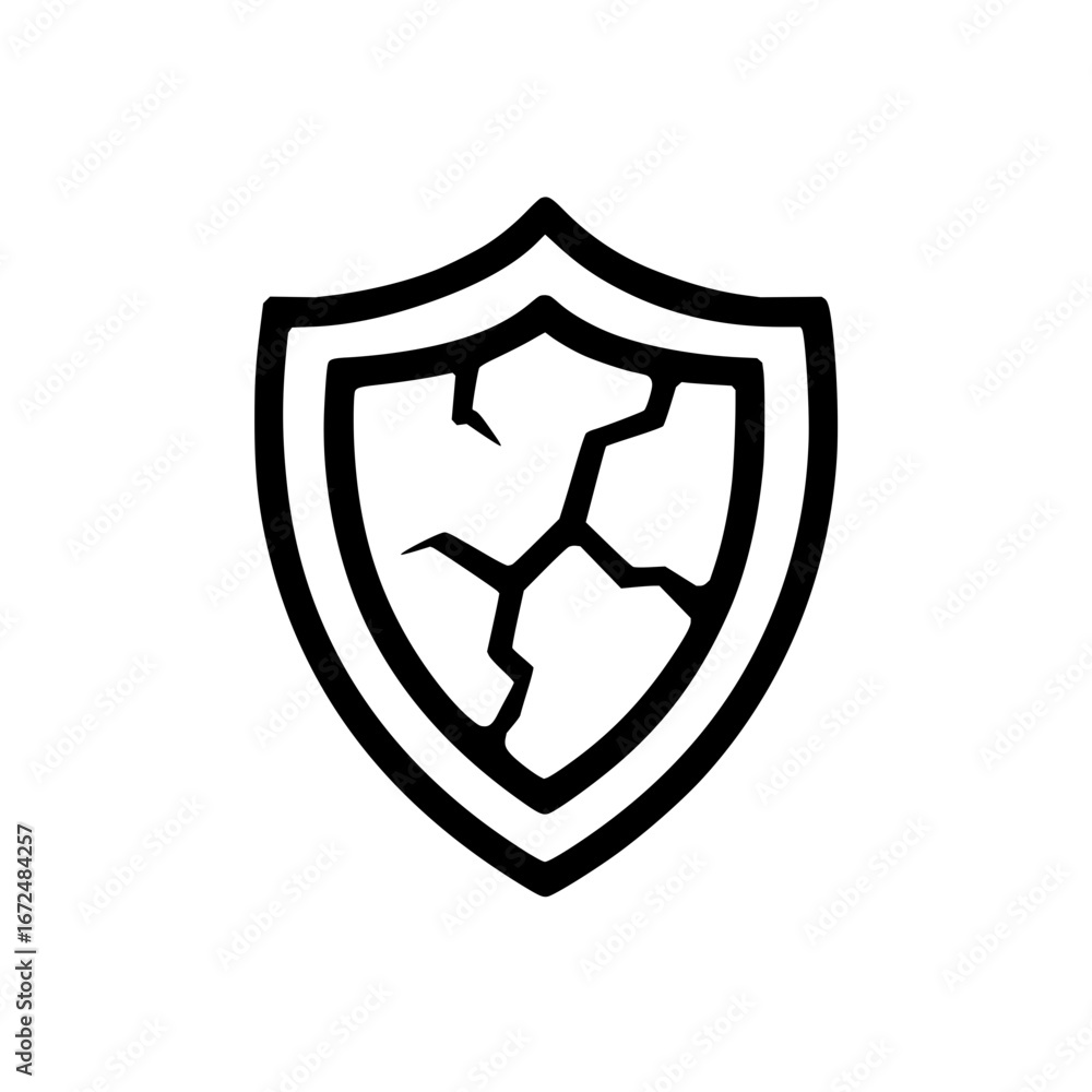 Poster a black and white drawing of a shield with cracks inside of it on a white isolated background design