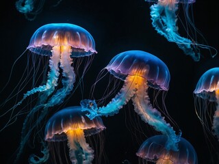 Bioluminescent Deep Sea Jellyfish Floating in Dark Ocean Depths