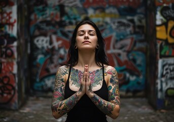 Naklejka premium woman with tattoos on her chest and arms praying in front of a graffiti wall