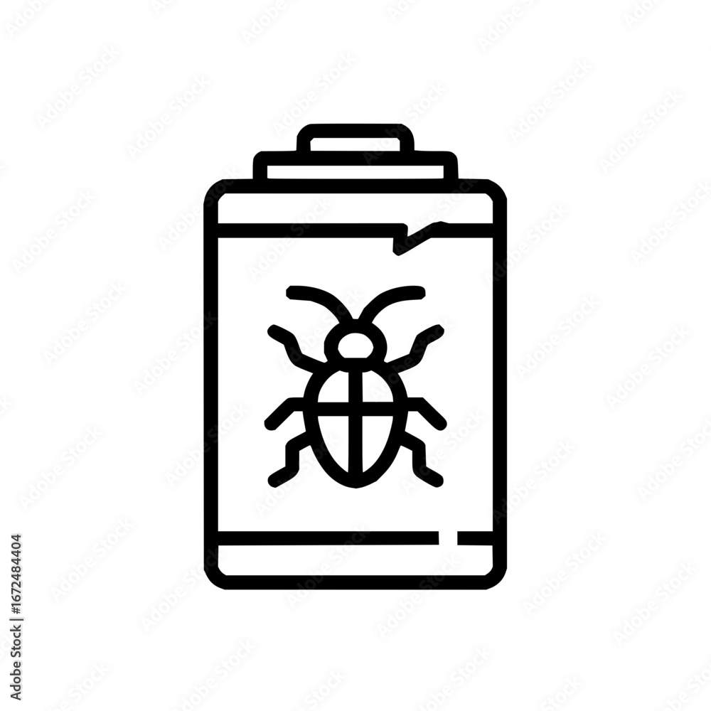 Poster illustration of a container with a bug symbol on it in black outline against a white background desi
