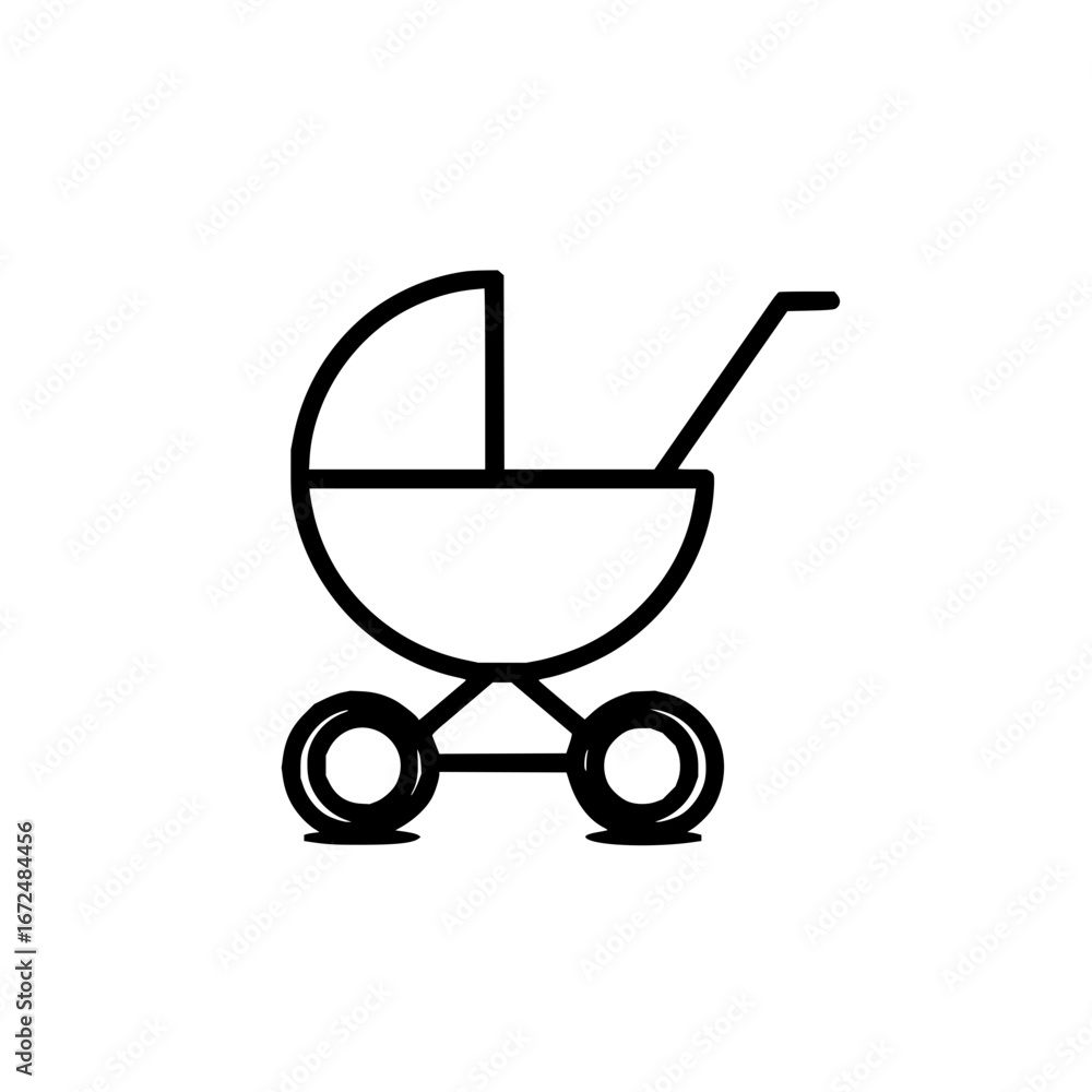 Poster a simple line drawing of a baby stroller with a hood and handle on a white background in vector form