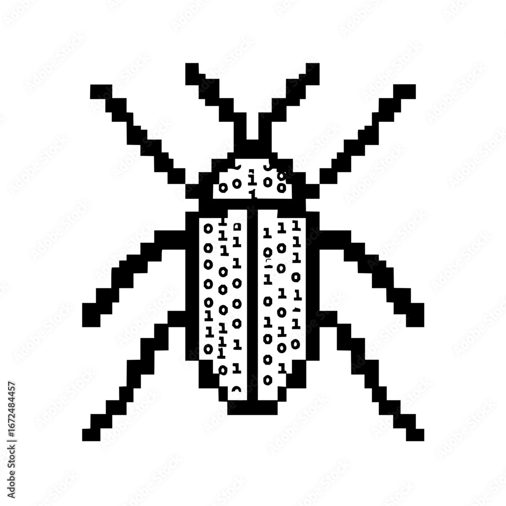Aufkleber pixelated bug with binary code on its body and six pixelated legs on a white background illustration