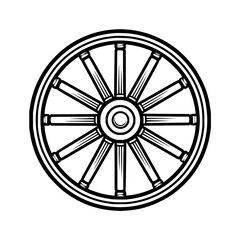 Fototapeta premium Illustration of a wagon wheel with spokes and a double rim in black and white simple line drawing style