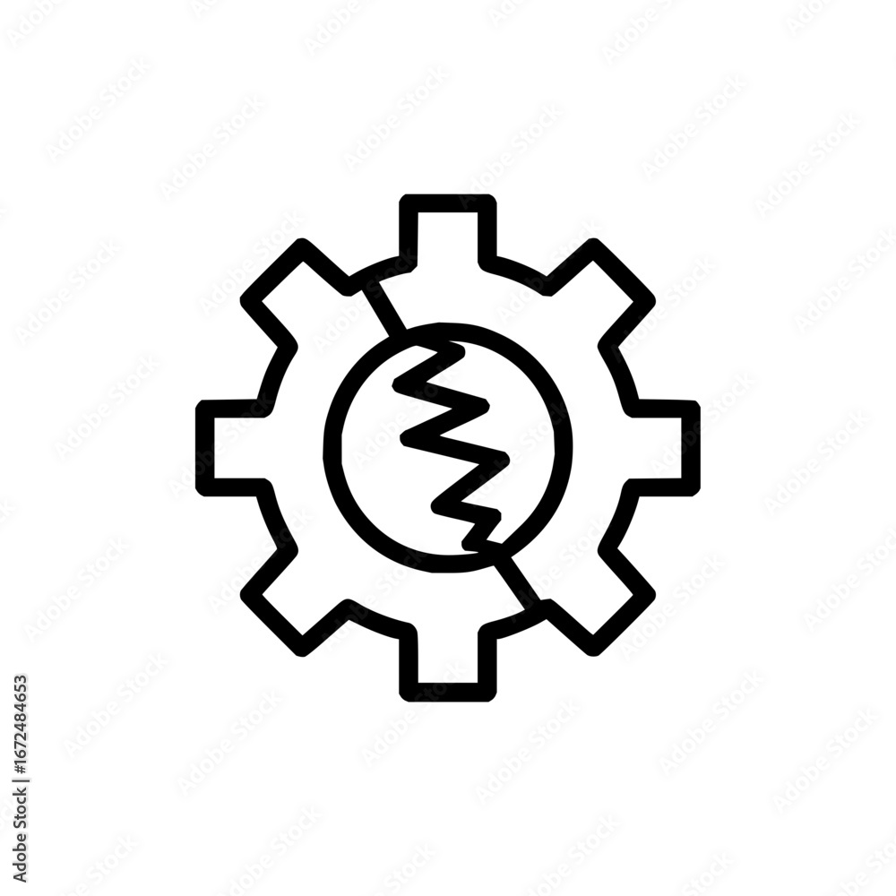 Poster gear outline with a jagged line inside a circle at the center in a simple black and white design sty
