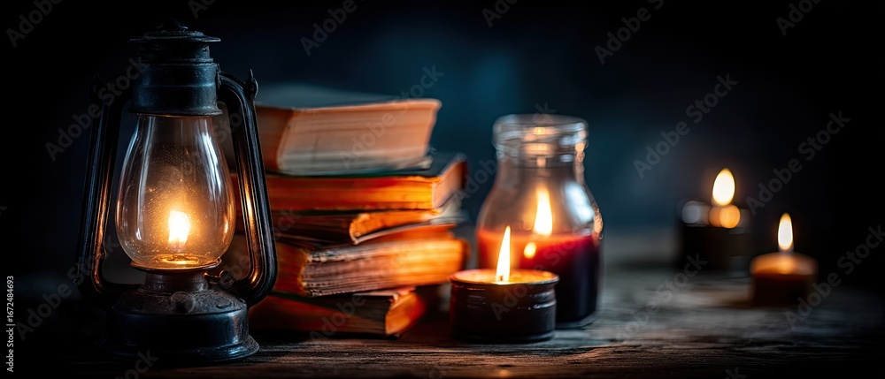 Poster soft candlelight and the glow of a lantern create a serene reading space filled with stacked books a