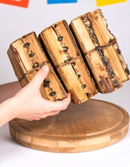 Wooden books held by a hand