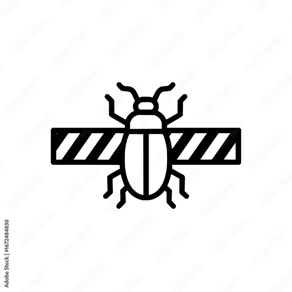 Poster beetle crawling across a striped barrier tape with black and white diagonal lines in a simple line d