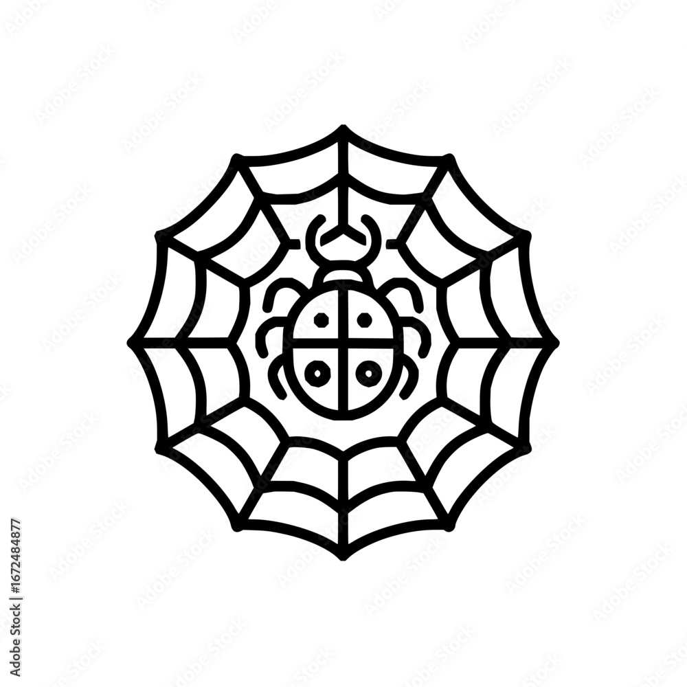 Poster a stylized drawing of a spider with a patterned body sitting in the middle of its intricate web desi