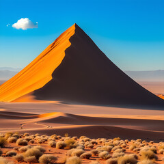 Giant orange sand dune under bright blue sky with sparse desert plants landscape nature