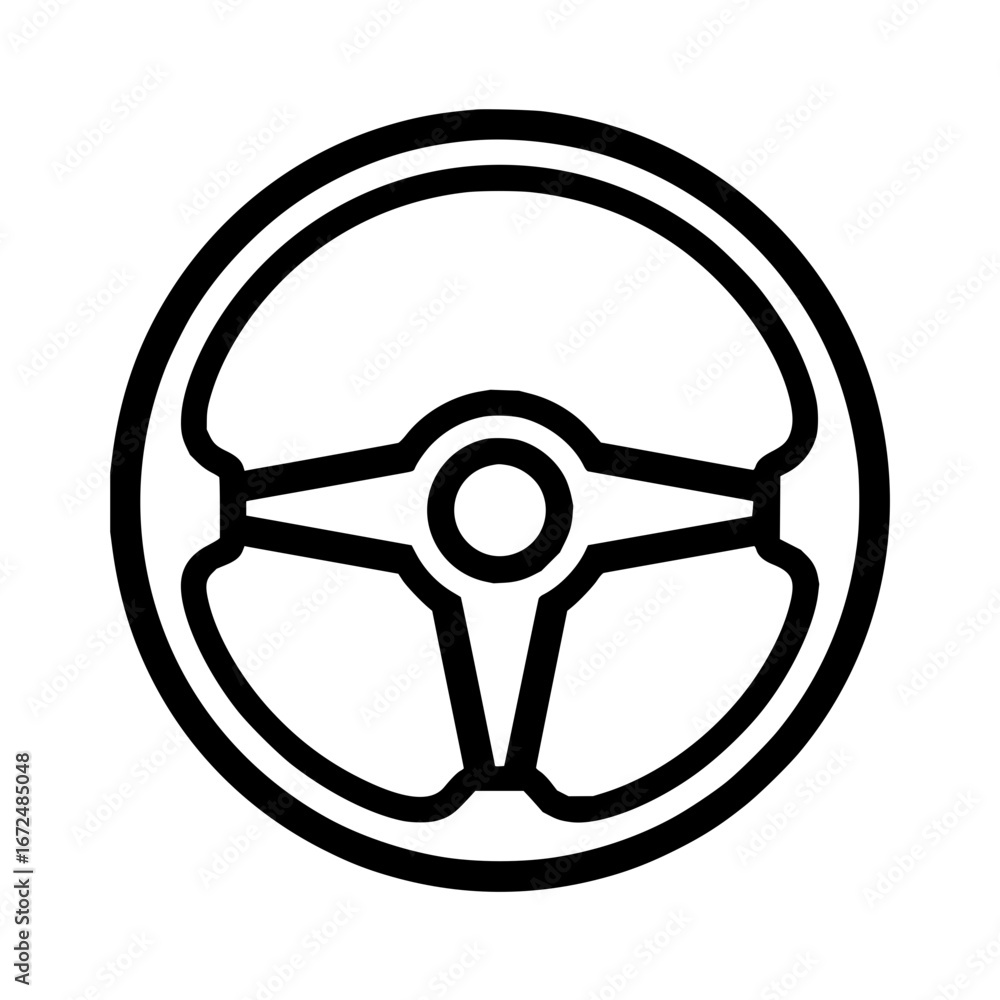 Poster a simple line drawing of a black steering wheel with three spokes inside of a black outlined circle 