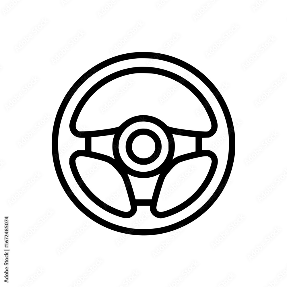 Poster a simple line drawing of a steering wheel with a circular center and three spokes in a black outline