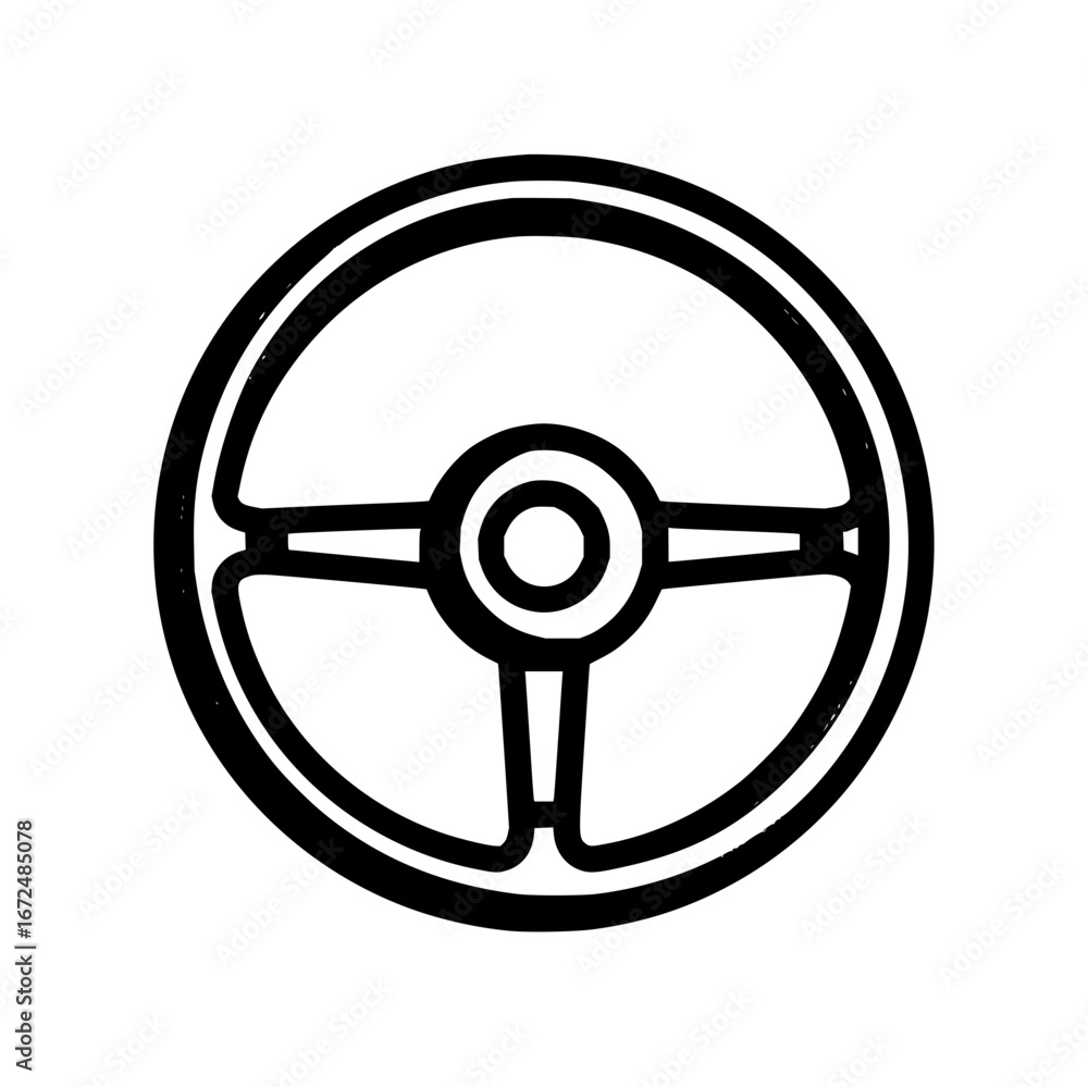 Poster a simple black and white drawing of a steering wheel with a circular center and three spokes design 