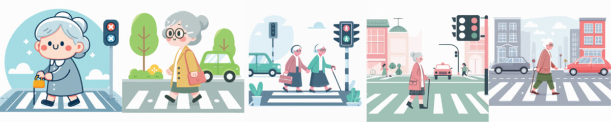 vector of a grandmother crossing the road