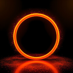 Glowing orange ring with fiery particles on black background circle neon