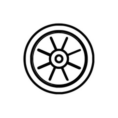 Fototapeta premium Illustration of a simple wheel with spokes inside a double rim circle in black and white outline art