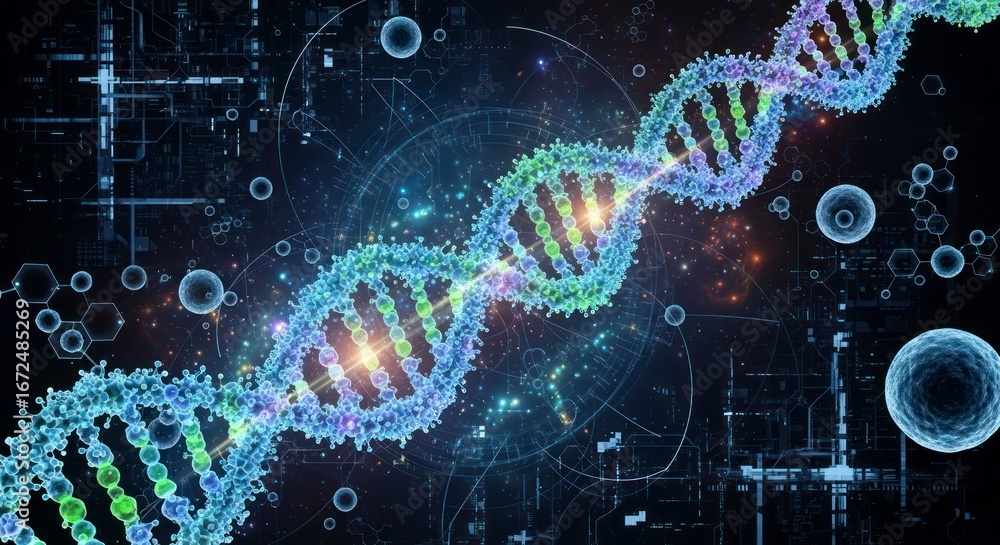 Poster a vibrant representation of deoxyribonucleic acid interwoven with intricate scientific elements, sho