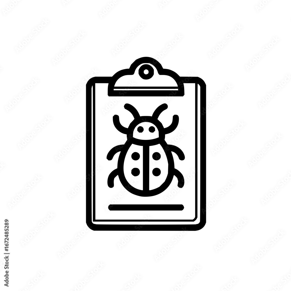 Poster illustration of a clipboard with a bug insect icon in black and white simple design style showing de