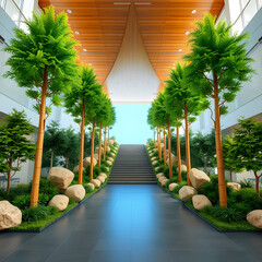 Green trees and rocks line a pathway leading to a bright staircase nature