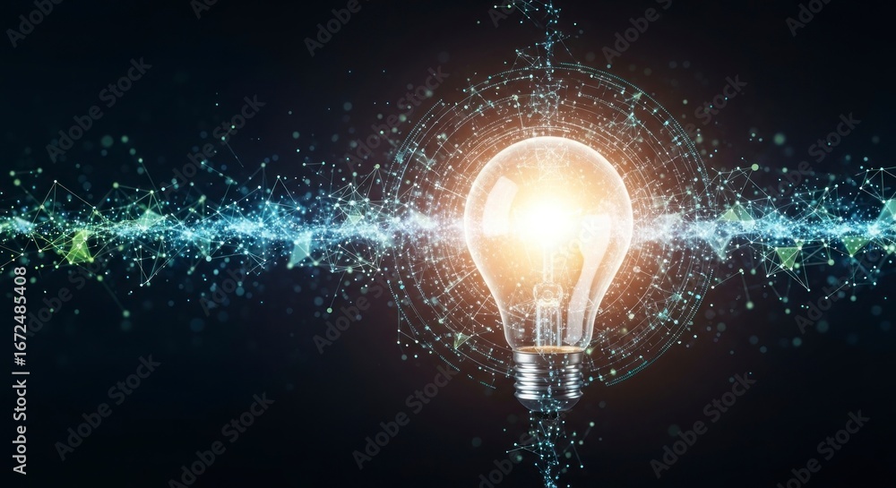 Aufkleber a glowing lightbulb is centered against a backdrop of interconnected lines and points, suggesting in