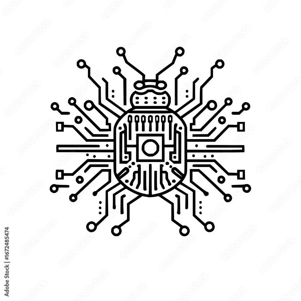 Poster a black and white line drawing of a bug shaped like a circuit board with many connected lines and sh