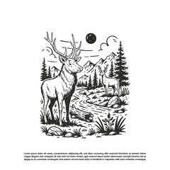 Vintage hand drawn wild deer in the forest mountain and lake illustration