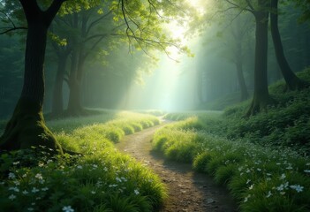 misty forest path sunlight rays nature scenic trail enchanted wilderness peaceful journey, woodland, tree, shadow, serene, calm, tranquil, outdoors, landscape