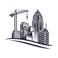 Monochrome Cityscape with Crane Silhouette Illustration for Construction and Urban Development
