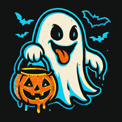 Spooky ghost with pumpkin bucket and bats ready for Halloween trick-or-treating fun