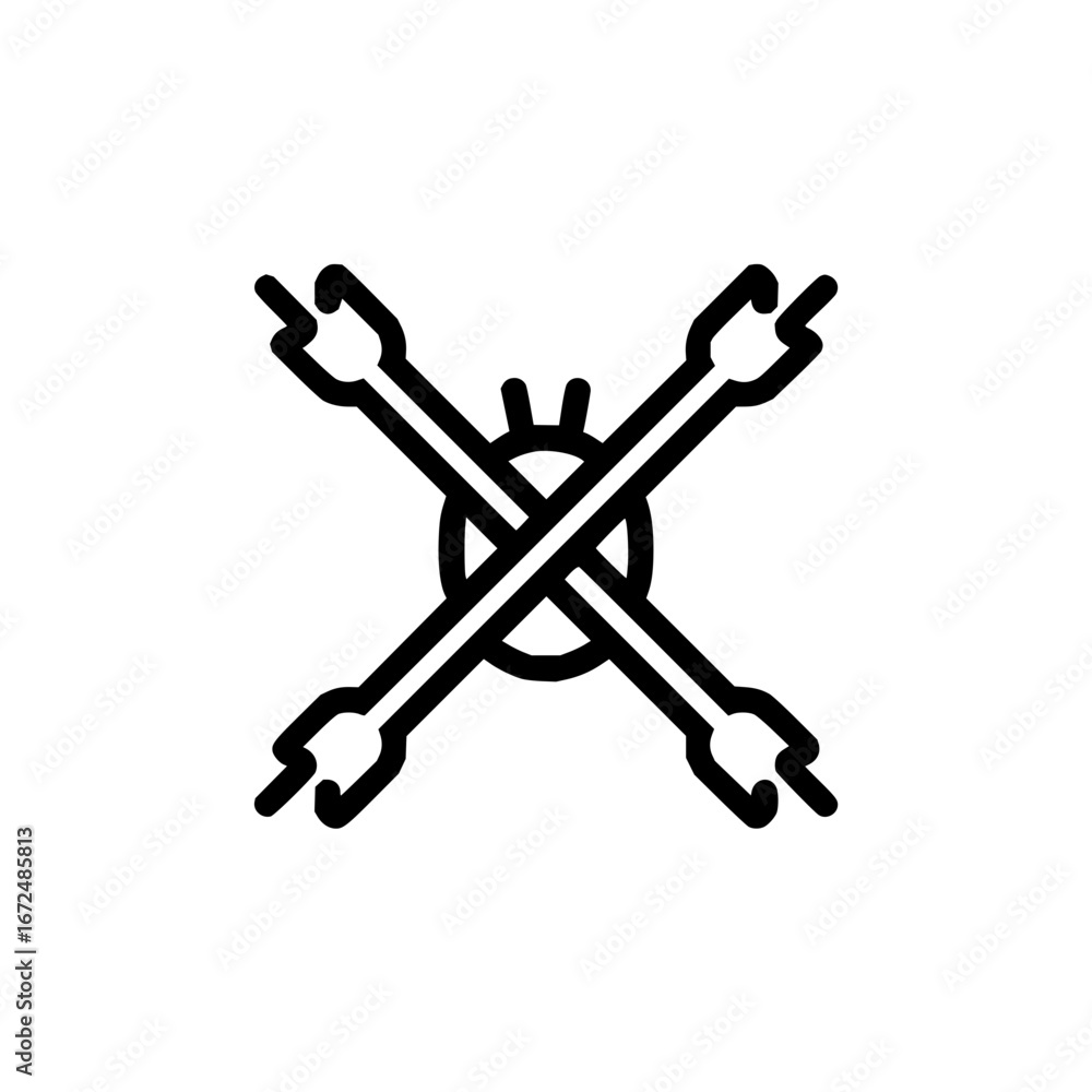 Poster a stylized illustration of a crossed pair of lug wrenches with a central circular element design