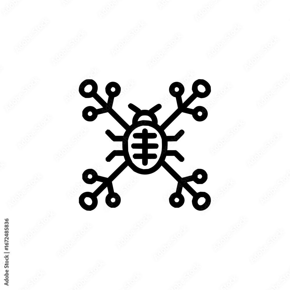 Poster a stylized black outline drawing of a bug with branch like legs ending in small circles on a white b