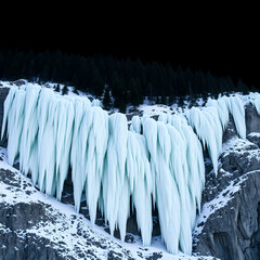 Large icy formations hanging from a rocky cliff face with dark forest background icicles frozen