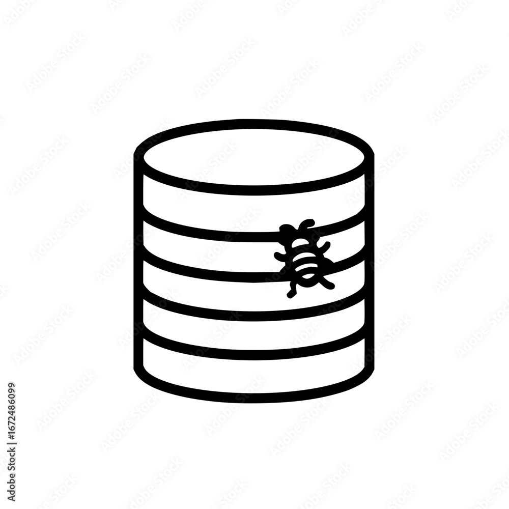 Poster illustration of a database cylinder with horizontal lines and a bug on the side in black and white s