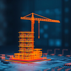 Orange construction crane and building on circuit board with glowing lights image