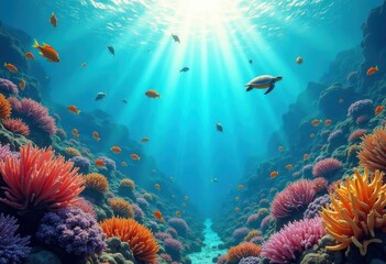 Naklejka premium vibrant coral reef habitat teeming colorful marine life diversity underwater ecosystem richness, hakbitat, aquatic, fish, seaweed, anemone, shell, stingray