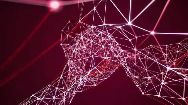 Abstract crimson waveform comprised of interconnected points and linear elements. Scientific or healthcare-themed backdrop. Foundation for corporate or professional slide decks. Three-dimensional com