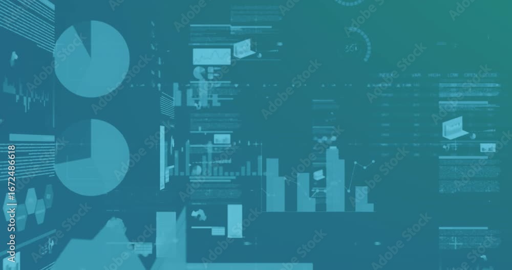 Aufkleber animation of multiple graphs, loading circles and trading board over abstract background